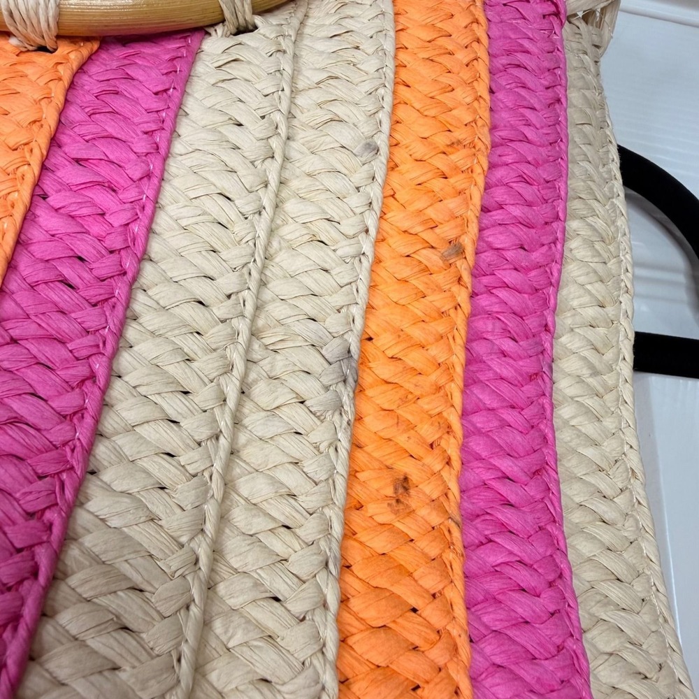 #123 Shiraleah Straw Tote Bag Pink Orange Striped Wooden Handle Fringed - Picture 4 of 11